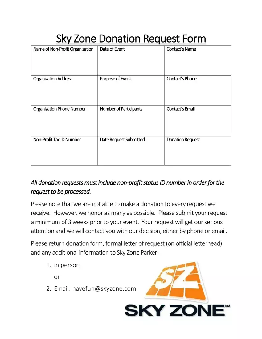 Skyzone Donation Request first page preview