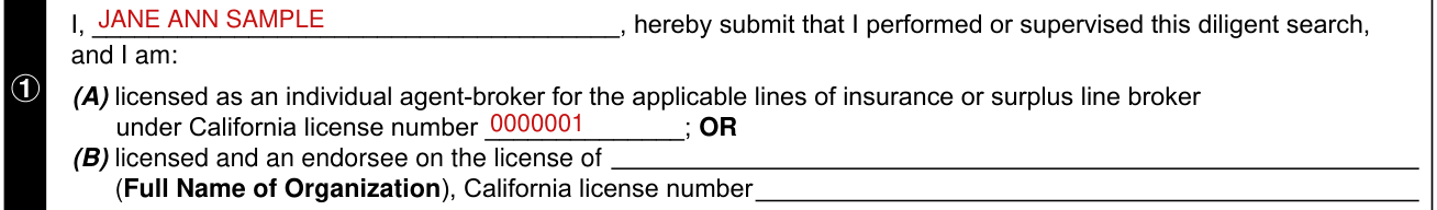 SL-2 Form example filled out, line 1, your name and your California license number