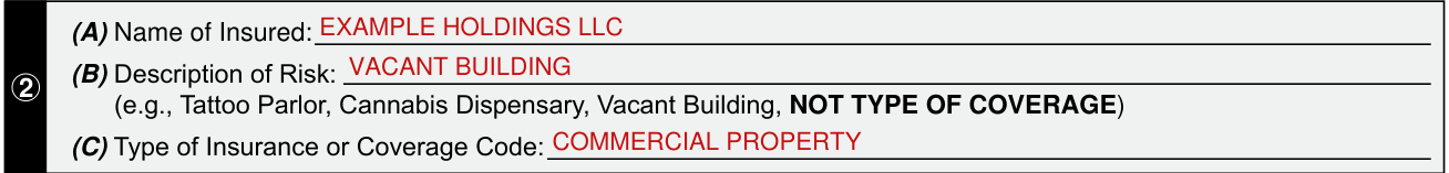 SL-2 Form example filled out, line 2, the Name of Insured, the Description of Risk and the Type of Insurance