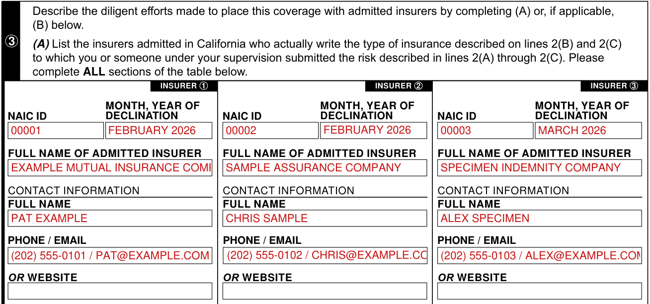 SL-2 Form example filled out, line 3(A), the insurers admitted in California
