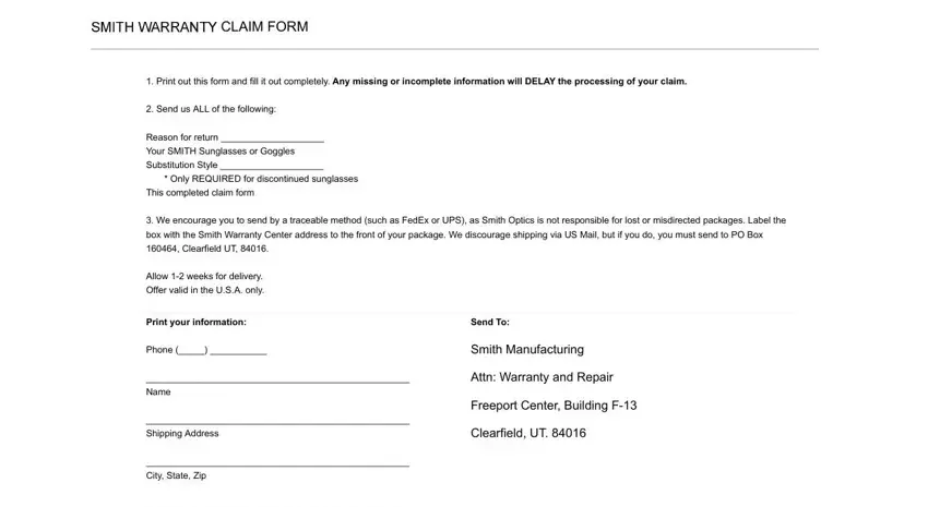 portion of fields in smith warranty claim form