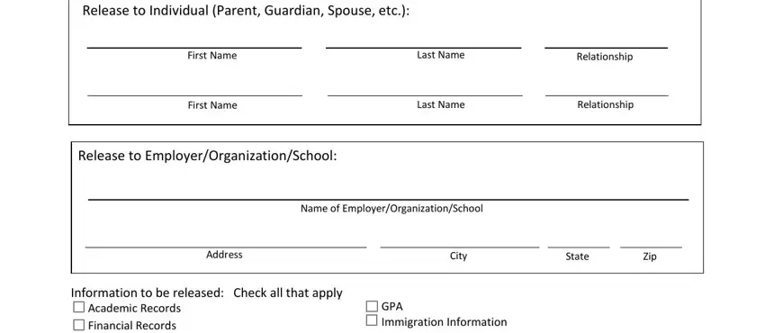 Disclosure Release to Individual Parent, First Name, Last Name, Relationship, First Name, Last Name, Relationship, Release to, Name of EmployerOrganizationSchool, Address, City, State, Zip, Information to be released Check, and Academic Records Financial Records blanks to fill out