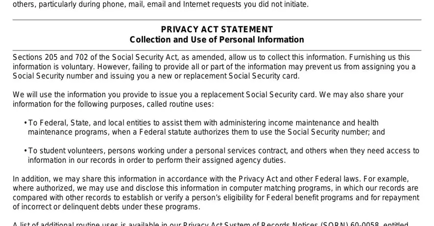 ss5 application Protect your SSN card and number, PRIVACY ACT STATEMENT Collection, Sections  and  of the Social, We will use the information you, To Federal State and local, To student volunteers persons, In addition we may share this, and A list of additional routine uses blanks to fill