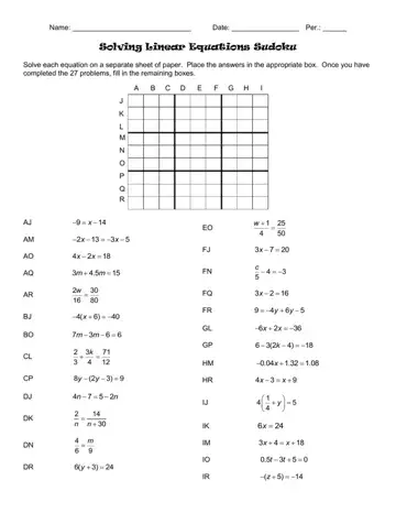 Solving Linear Equations Sudoku Form Preview