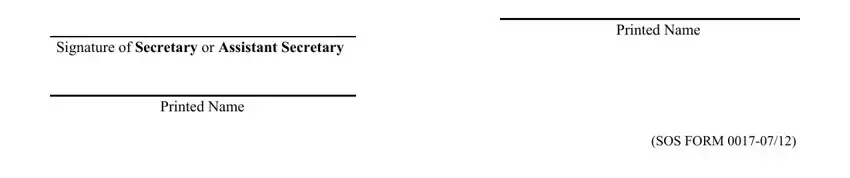 certifies Attested to by, Signature of Secretary or, Printed Name, Printed Name, and SOS FORM fields to complete