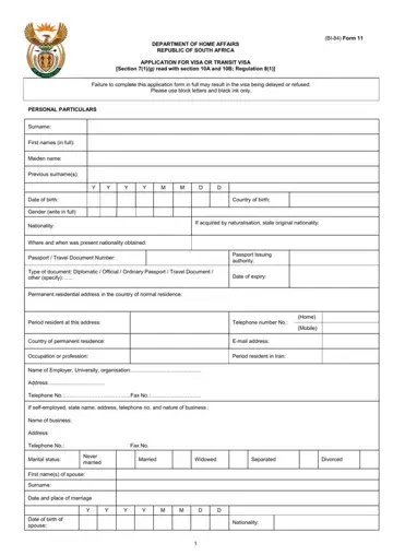 South Africa Visa Application Form Preview