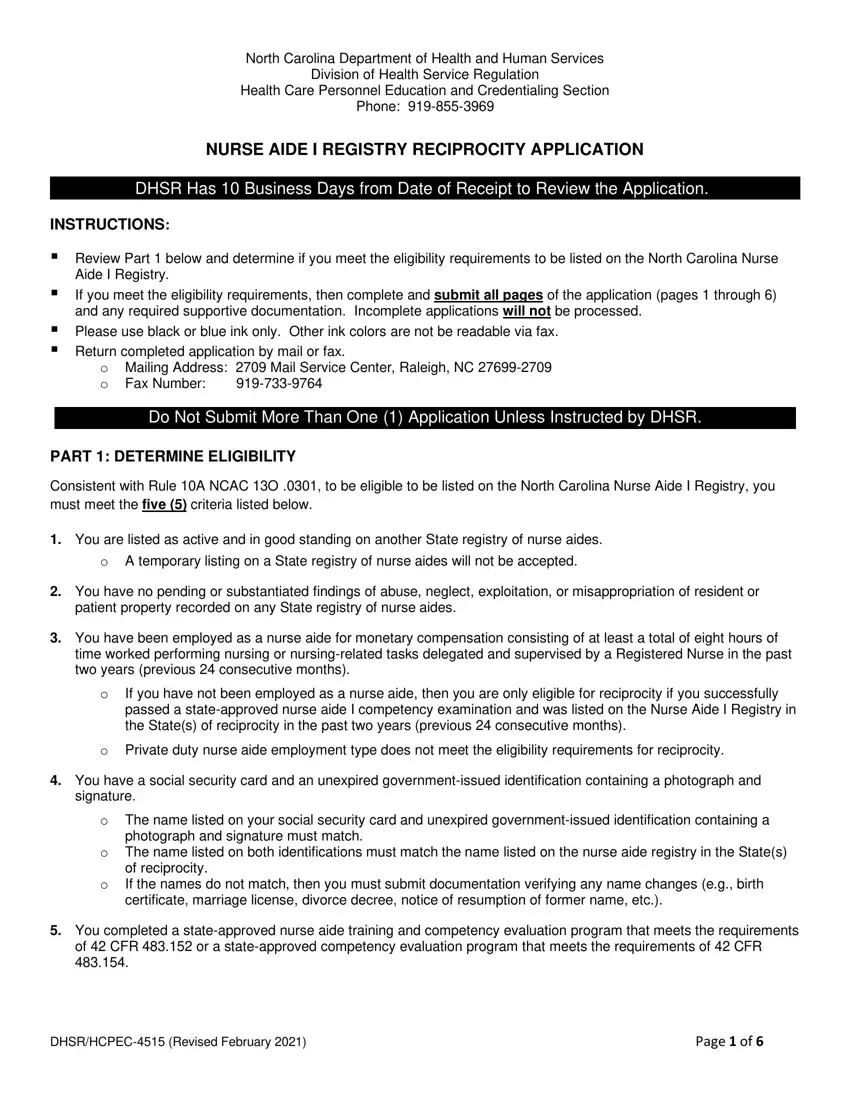 South Carolina Nurse Aide Form first page preview