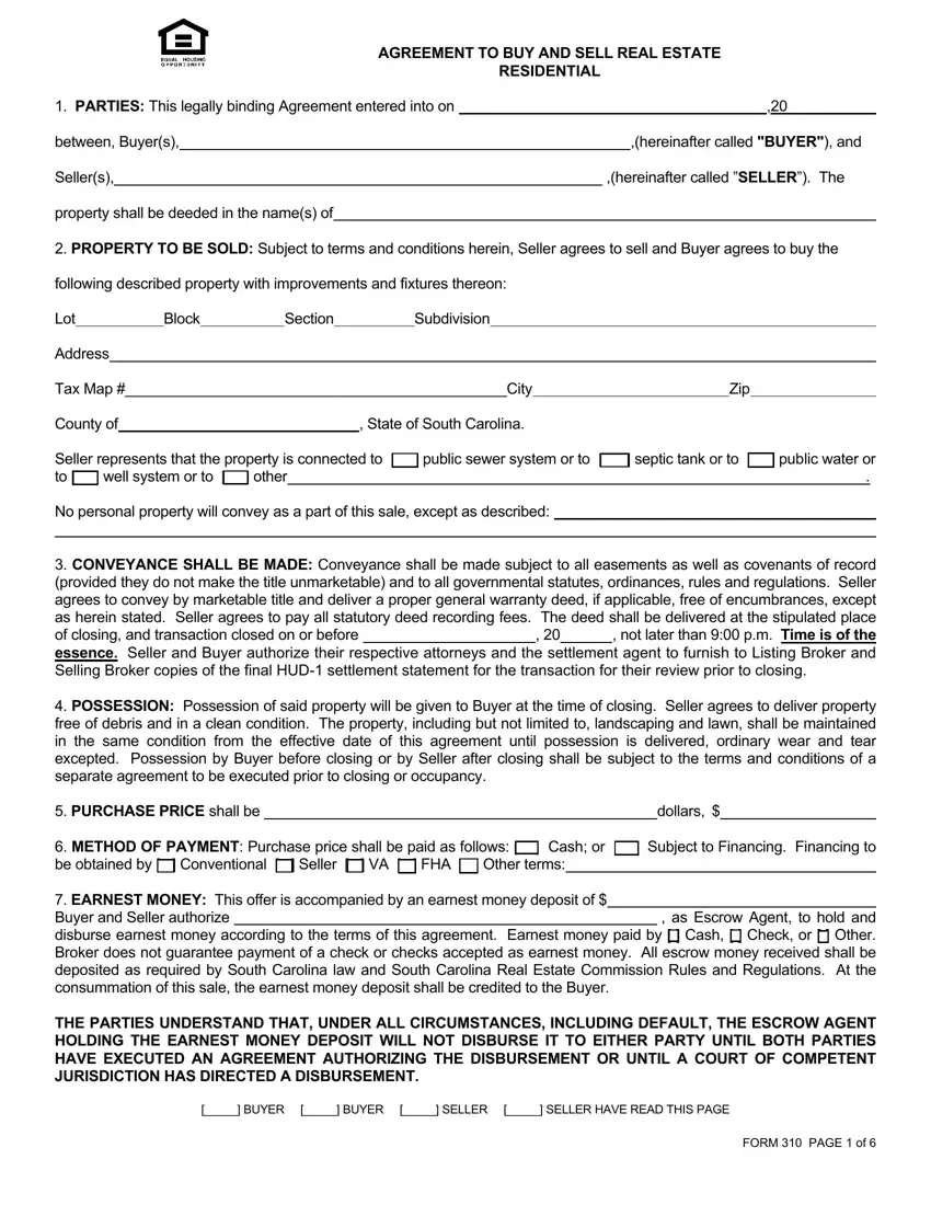 South Carolina Real Estate Contract Form 310 first page preview