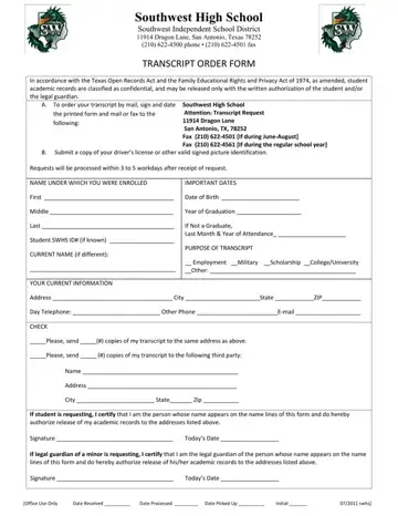 Southwest Transcript Order Form Preview