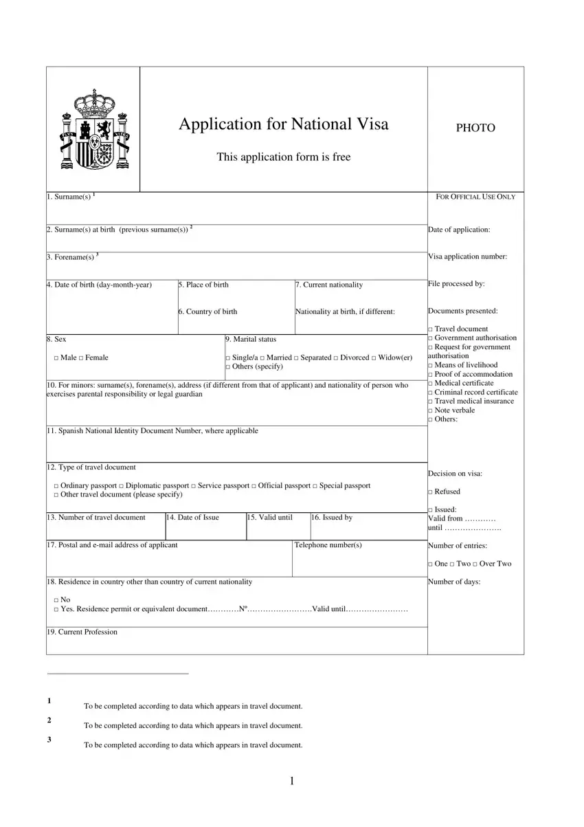 Spain National Visa Application first page preview