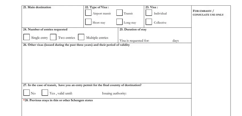 Main destination, Type of Visa, Visa, Airport transit, Transit, Individual, FOR EMBASSY  CONSULATE USE ONLY, Short stay, Long stay, Collective, Number of entries requested, Duration of stay, Single entry, Two entries, and Multiple entries in spain visa application form download