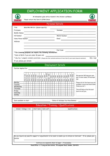 Spar Job Application Form Preview