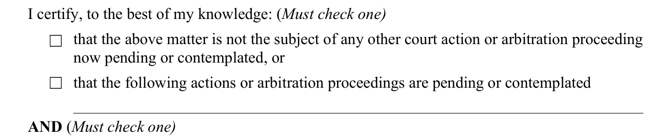 CN 10542 example filled out, certification: other court action or arbitration proceeding