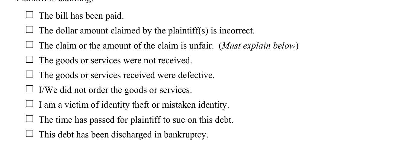 CN 10542 example filled out, defendant denies owing the debt to the Plaintiff