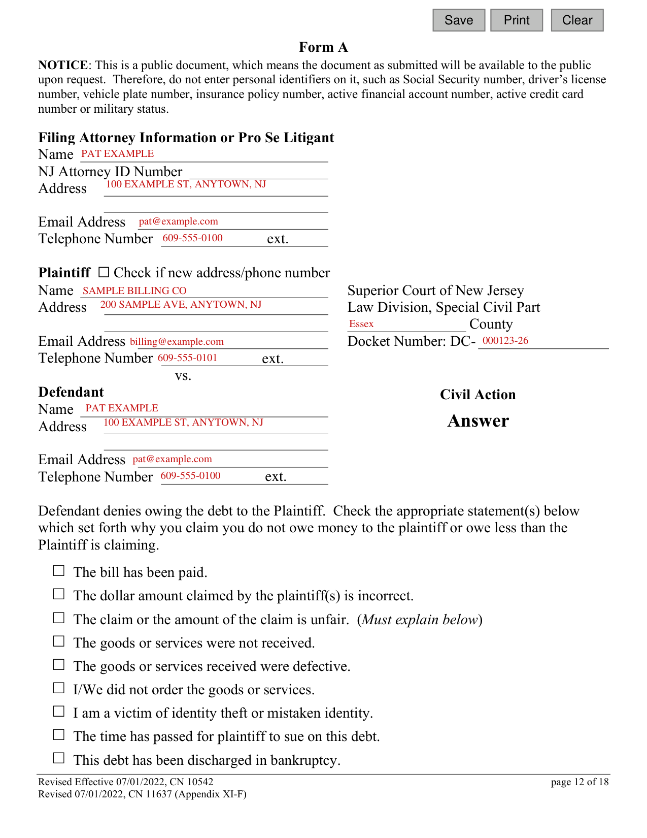 CN 10542 example filled out, example: a defendant answers a complaint over a paid bill