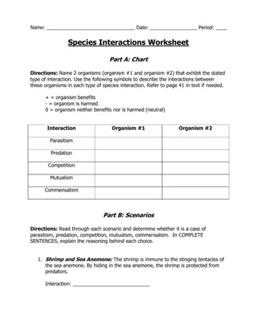 Species Interactions Worksheet Form Preview