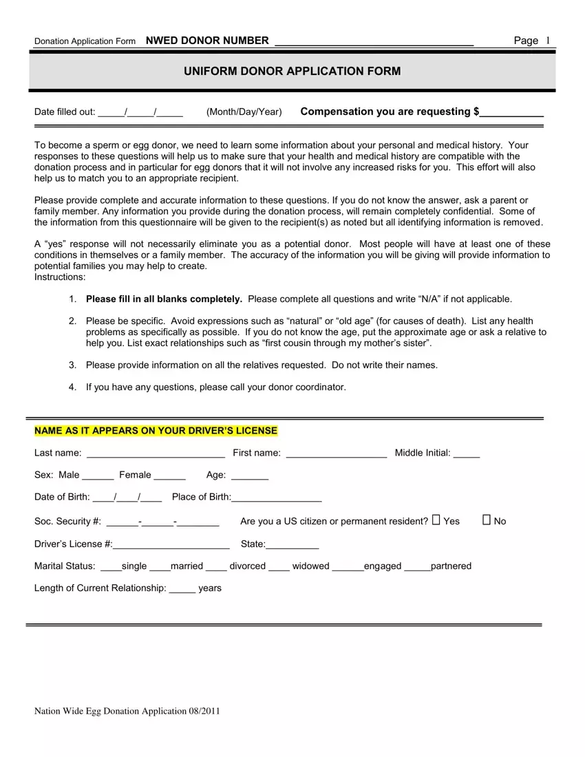 Sperm Donor Application first page preview