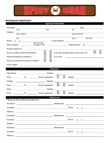 Spicy Crab Employment Application Form Preview