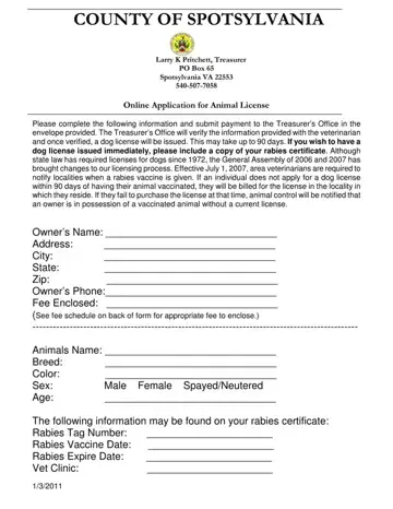 Spotsylvania Dog License Form Preview
