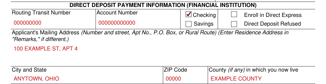 Form SSA-16 example filled out, direct deposit and mailing address