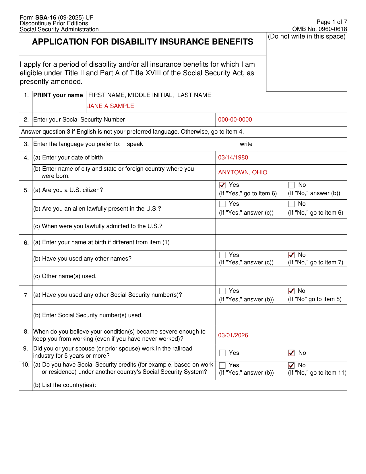 Form SSA-16 example filled out, example: an employee who stopped working applies