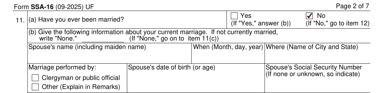 Form SSA-16 example filled out, item 11, your marriage