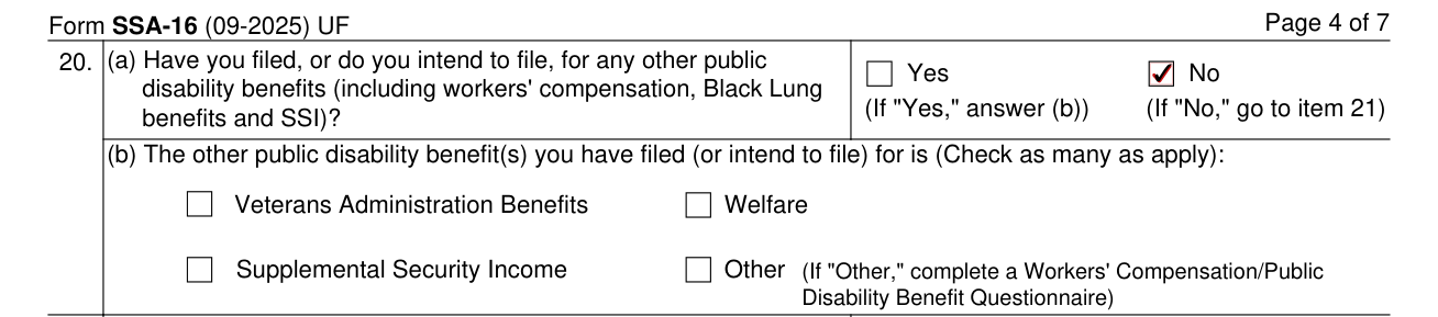 Form SSA-16 example filled out, item 20, other public disability benefits