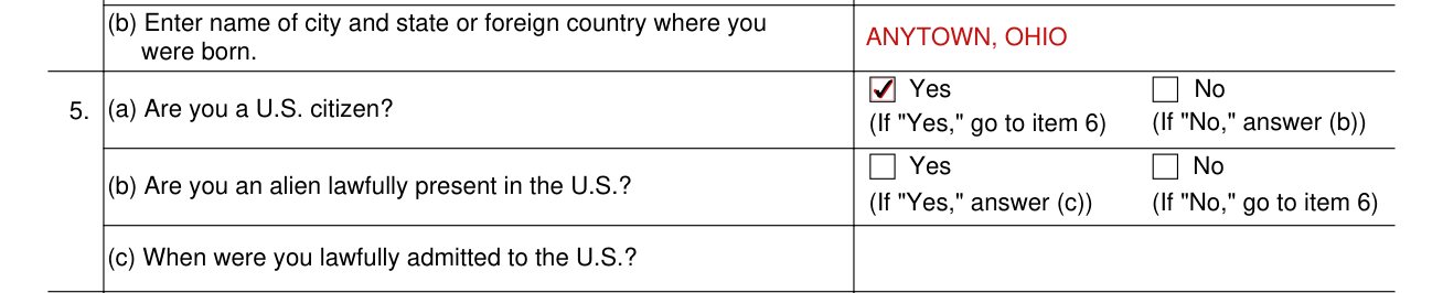 Form SSA-16 example filled out, item 5, U.S. citizen or alien lawfully present