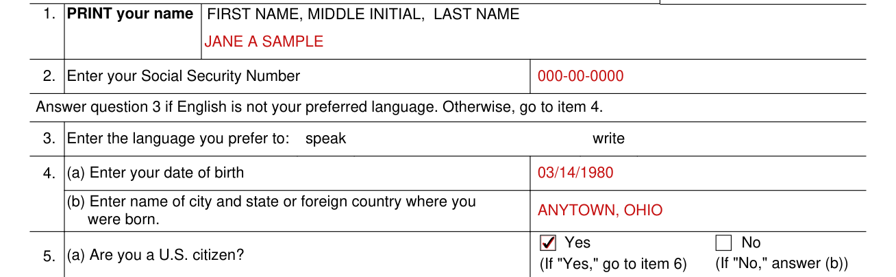 Form SSA-16 example filled out, items 1 to 4, name, Social Security number, language and birth