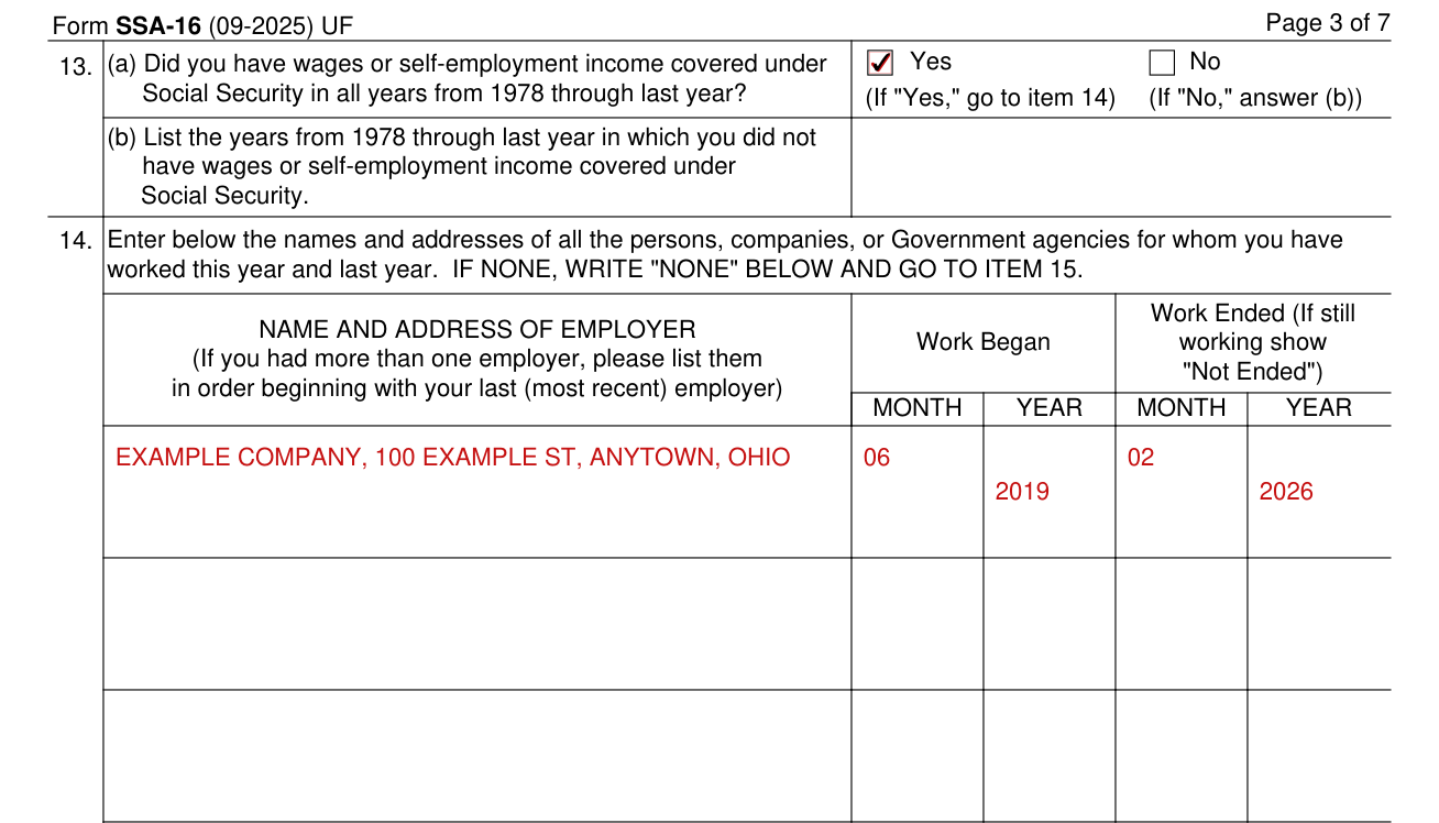 Form SSA-16 example filled out, items 13 and 14, covered income and employers