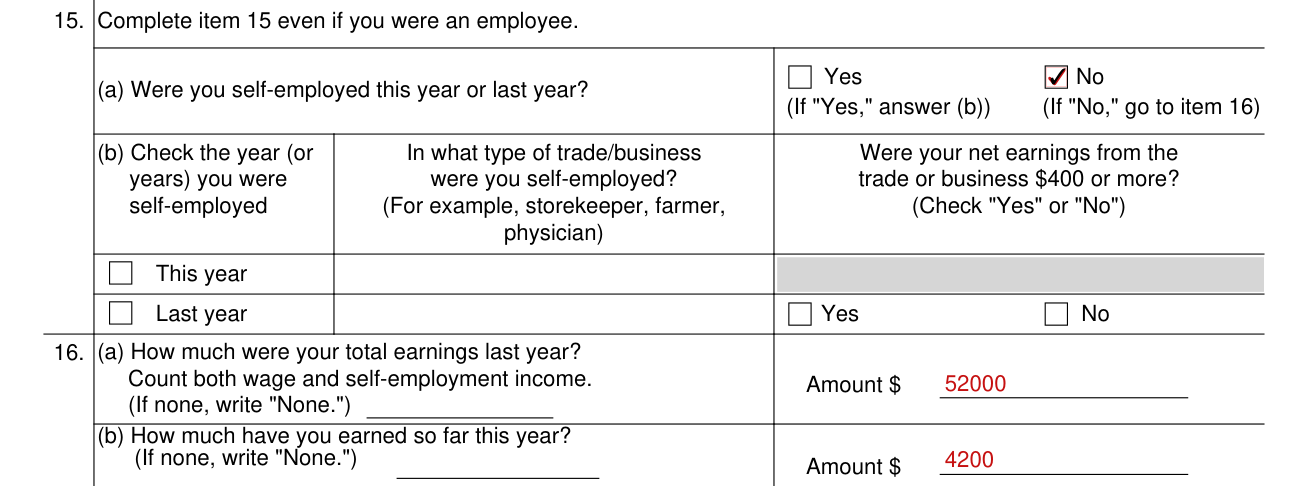 Form SSA-16 example filled out, items 15 and 16, self-employment and earnings