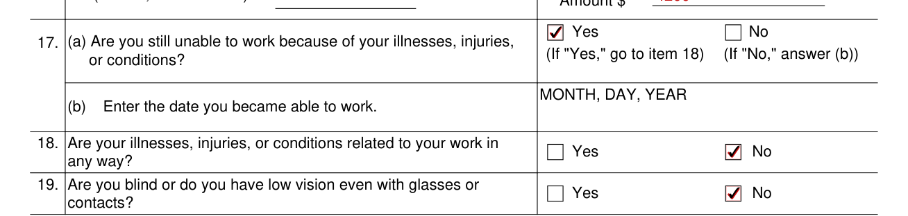 Form SSA-16 example filled out, items 17 to 19, your illnesses, injuries or conditions