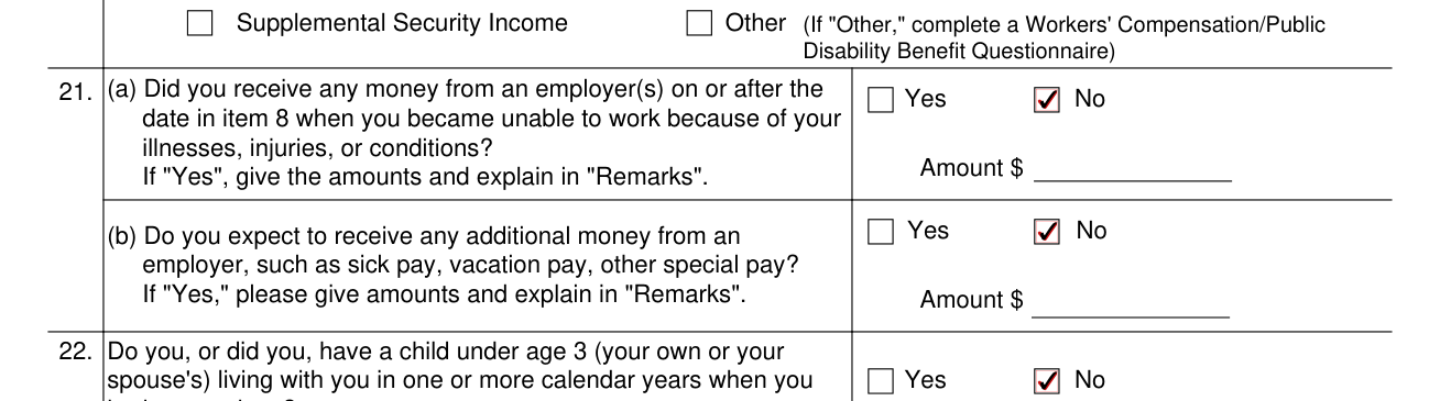 Form SSA-16 example filled out, items 21 and 22, money from an employer and a child