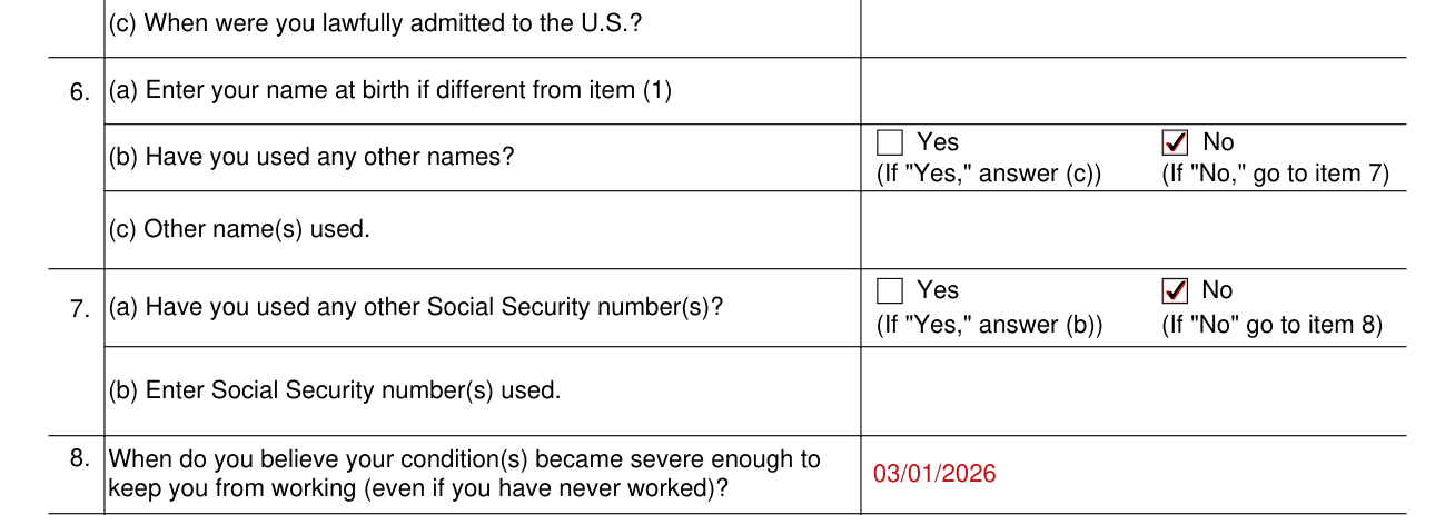 Form SSA-16 example filled out, items 6 to 8, other names, other numbers and your condition
