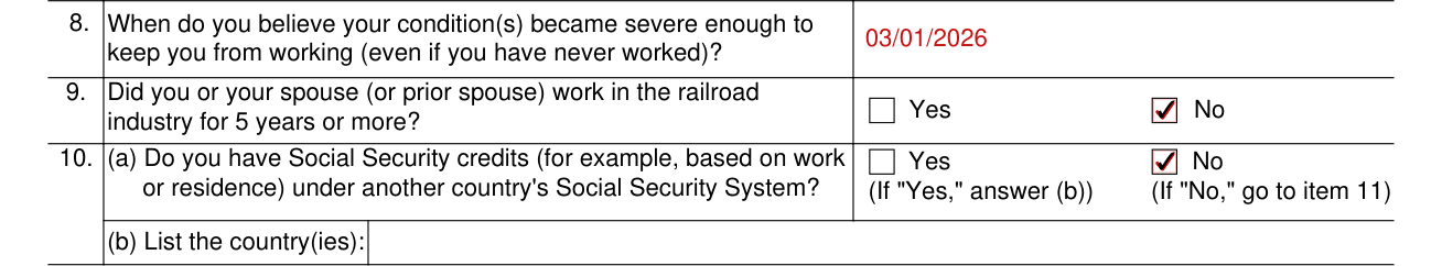 Form SSA-16 example filled out, items 9 and 10, railroad work and credits from another country