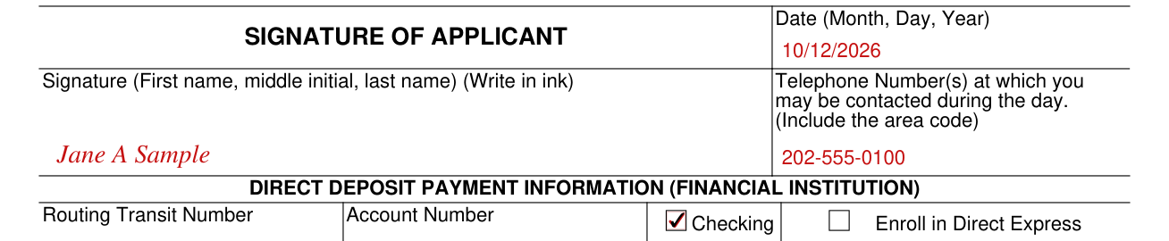 Form SSA-16 example filled out, signature, date and telephone number