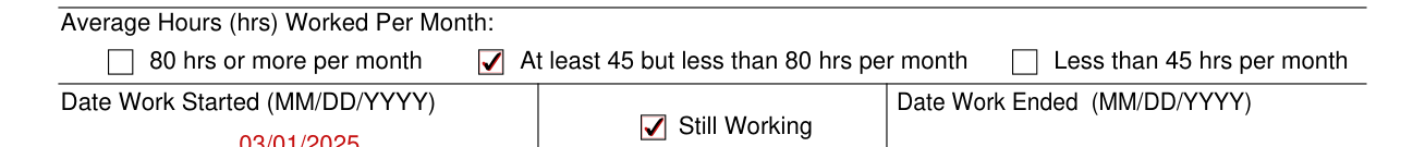 Form SSA-820-BK example filled out, average Hours (hrs) Worked Per Month