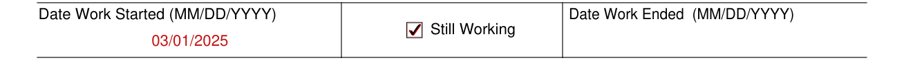 Form SSA-820-BK example filled out, date Work Started (MM/DD/YYYY)