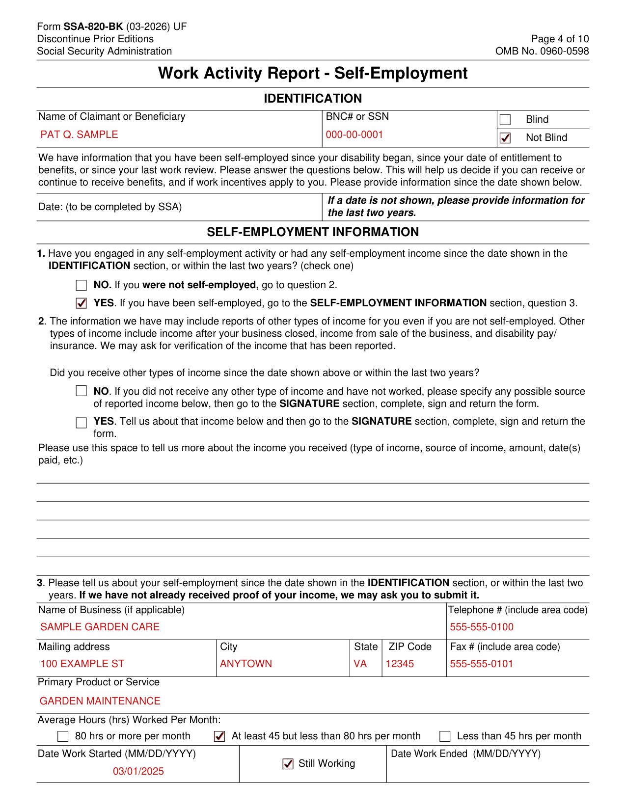 Form SSA-820-BK example filled out, example: a gardener reports self-employment