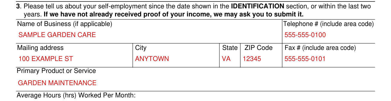 Form SSA-820-BK example filled out, name of Business (if applicable)