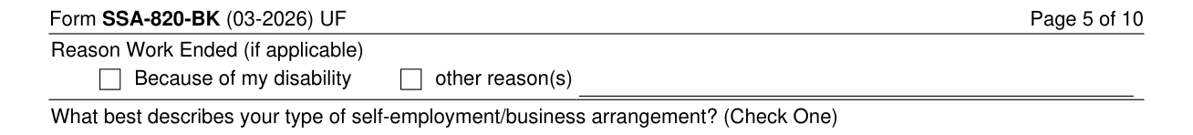 Form SSA-820-BK example filled out, reason Work Ended (if applicable)