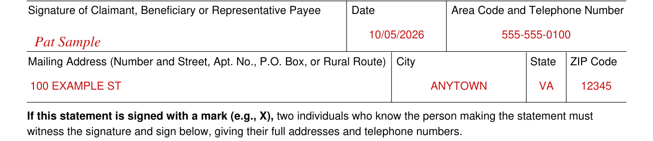 Form SSA-820-BK example filled out, signature of Claimant, Beneficiary or Representative Payee