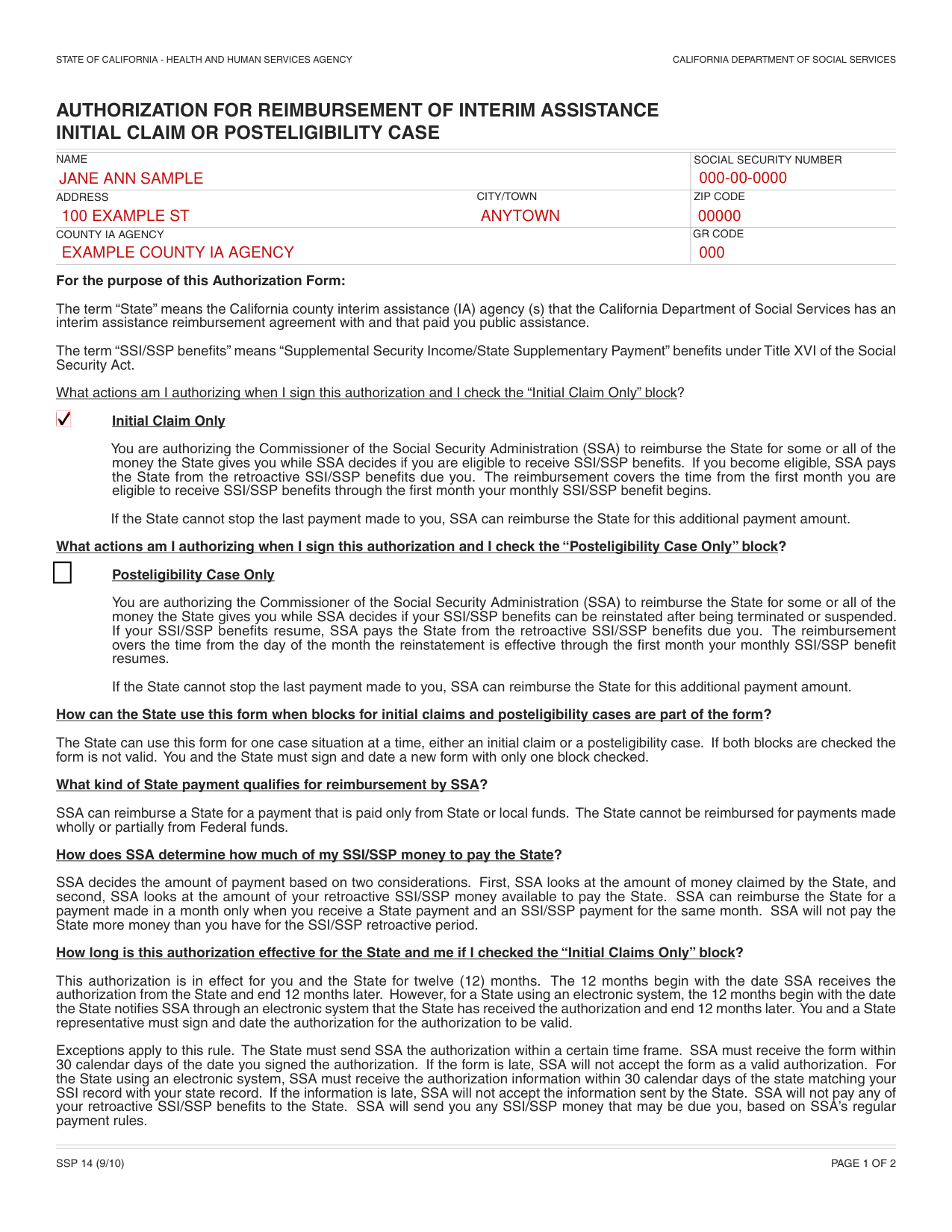 Form SSP 14 example filled out, example: an initial claim for interim assistance