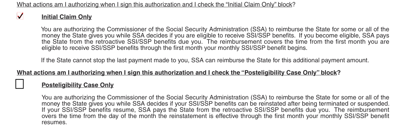 Form SSP 14 example filled out, initial Claim Only or Posteligibility Case Only