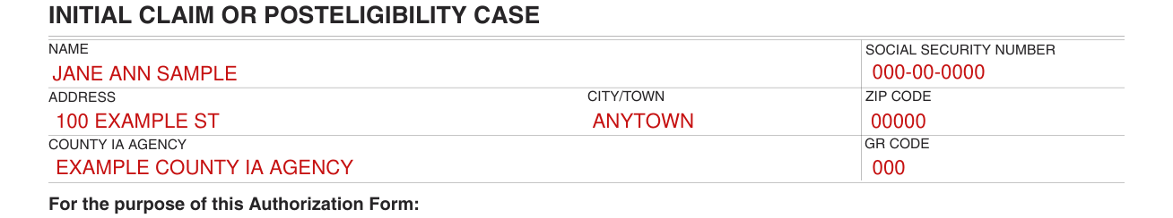 Form SSP 14 example filled out, name, Social Security number, address, county IA agency and GR code