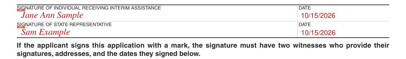 Form SSP 14 example filled out, signatures and dates