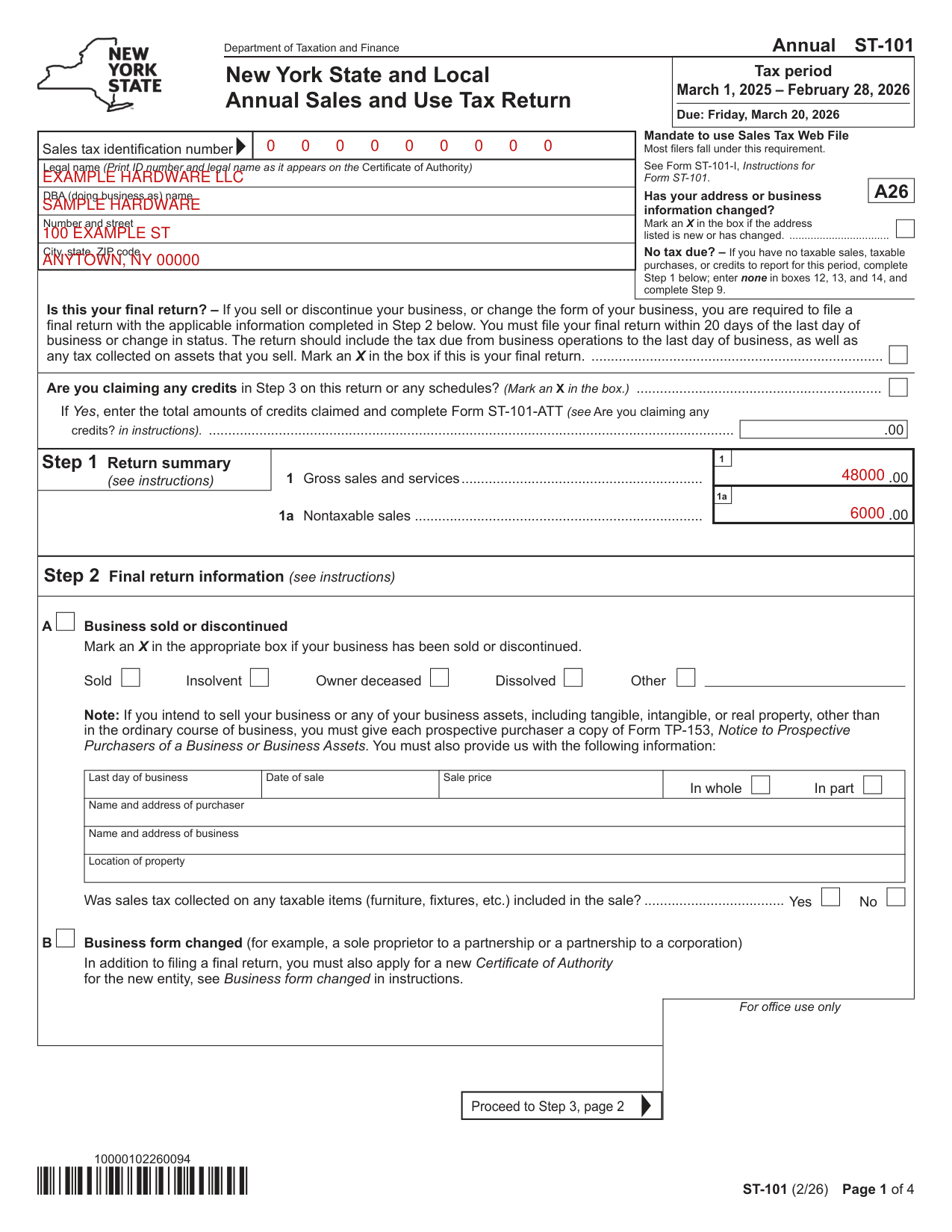 Form ST-101 example filled out, example: a hardware store files its annual return