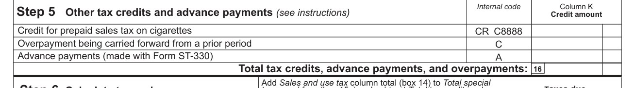 Form ST-101 example filled out, step 5 Other tax credits and advance payments