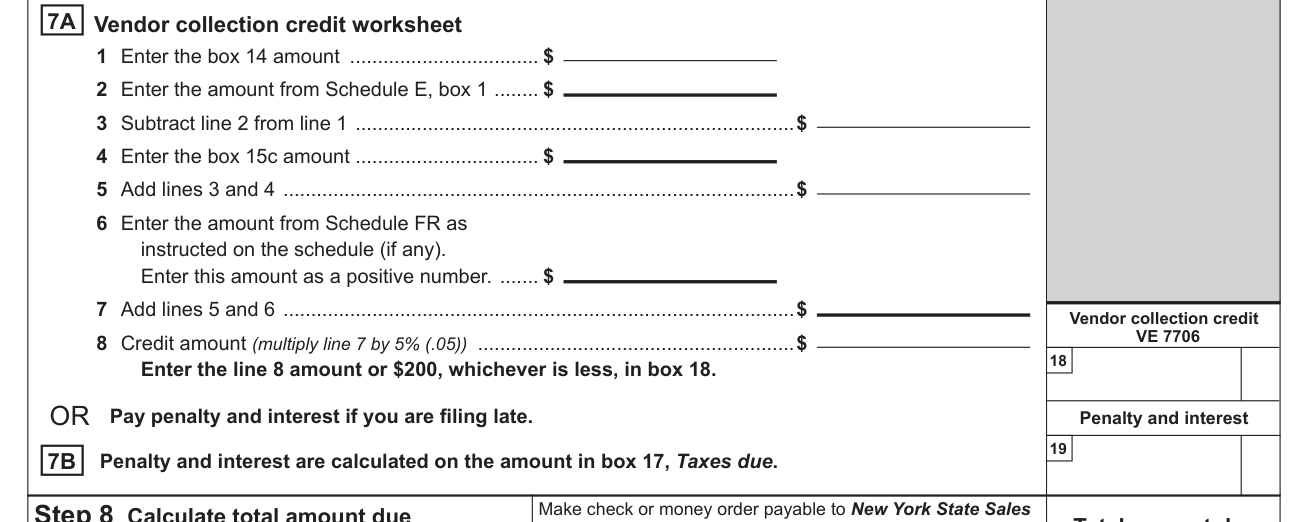 Form ST-101 example filled out, step 7 Calculate vendor collection credit or pay penalty and interest