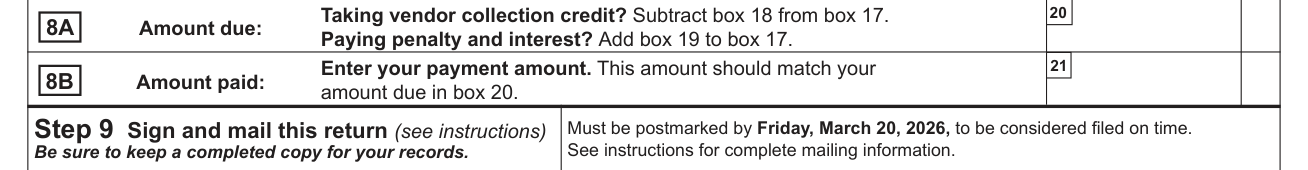 Form ST-101 example filled out, step 8 Calculate total amount due
